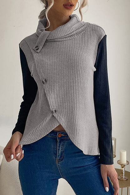 Casual Solid Buttons Asymmetrical Turtleneck Tops Light Gray