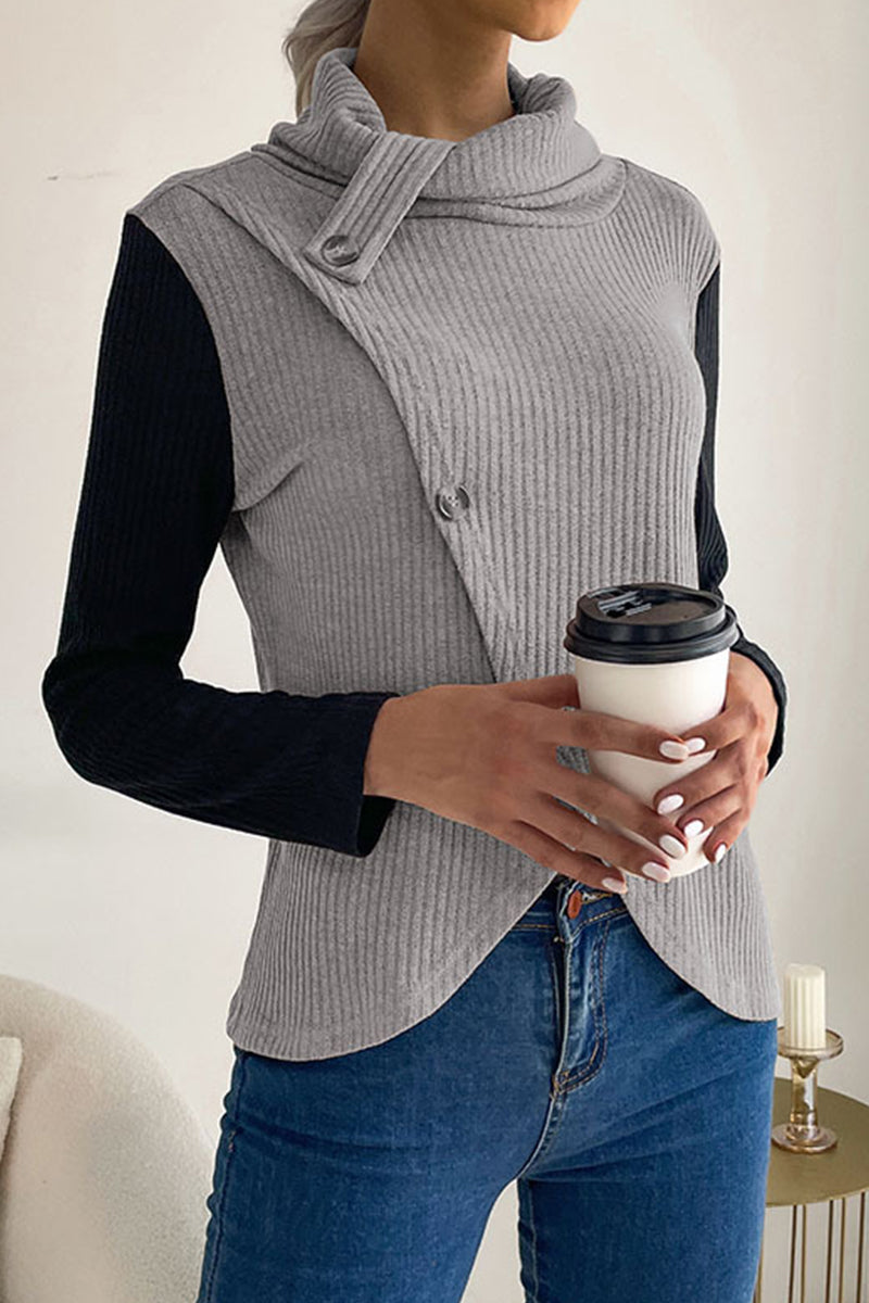 Casual Solid Buttons Asymmetrical Turtleneck Tops