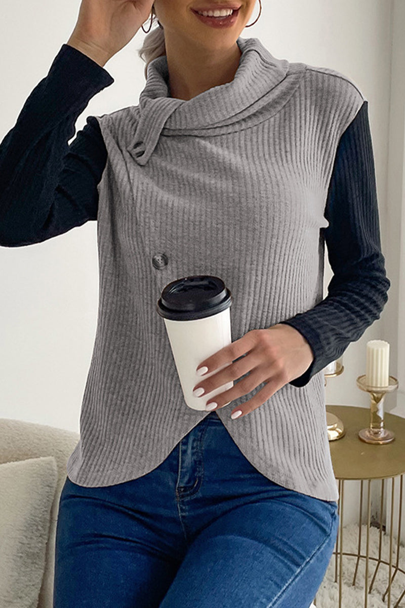 Casual Solid Buttons Asymmetrical Turtleneck Tops