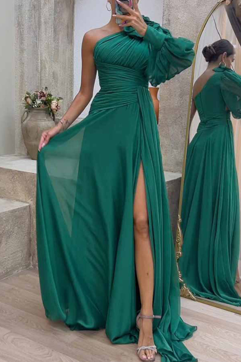 Elegant Solid Fold Oblique Collar Evening Dress Dresses(3 Colors) Green