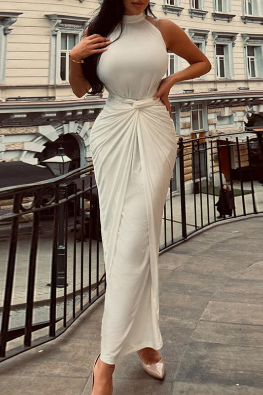 Casual Solid Patchwork Half A Turtleneck Long Dress Dresses White