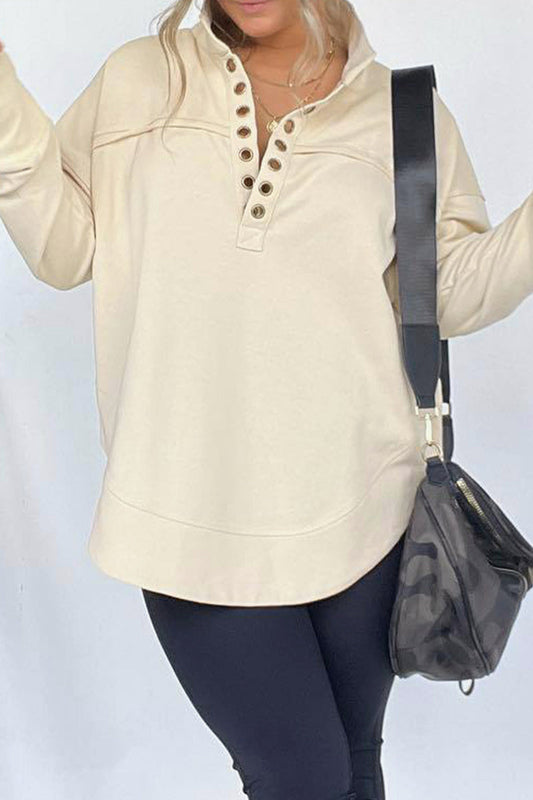 Casual Simplicity Solid Buckle Mandarin Collar Tops Khaki