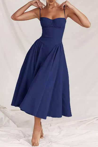 Vintage Elegant Solid Fold Square Collar Sling Dress Dresses Deep Blue