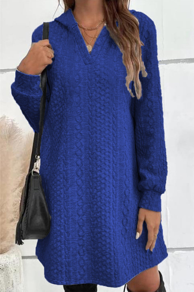 Casual Solid Patchwork V Neck A Line Dresses Blue