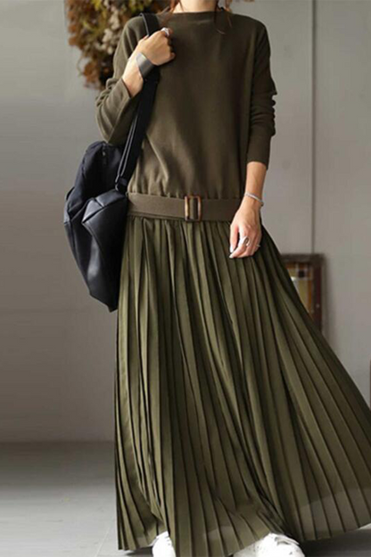 Casual Solid Patchwork Fold O Neck Long Sleeve Dresses Green One Size