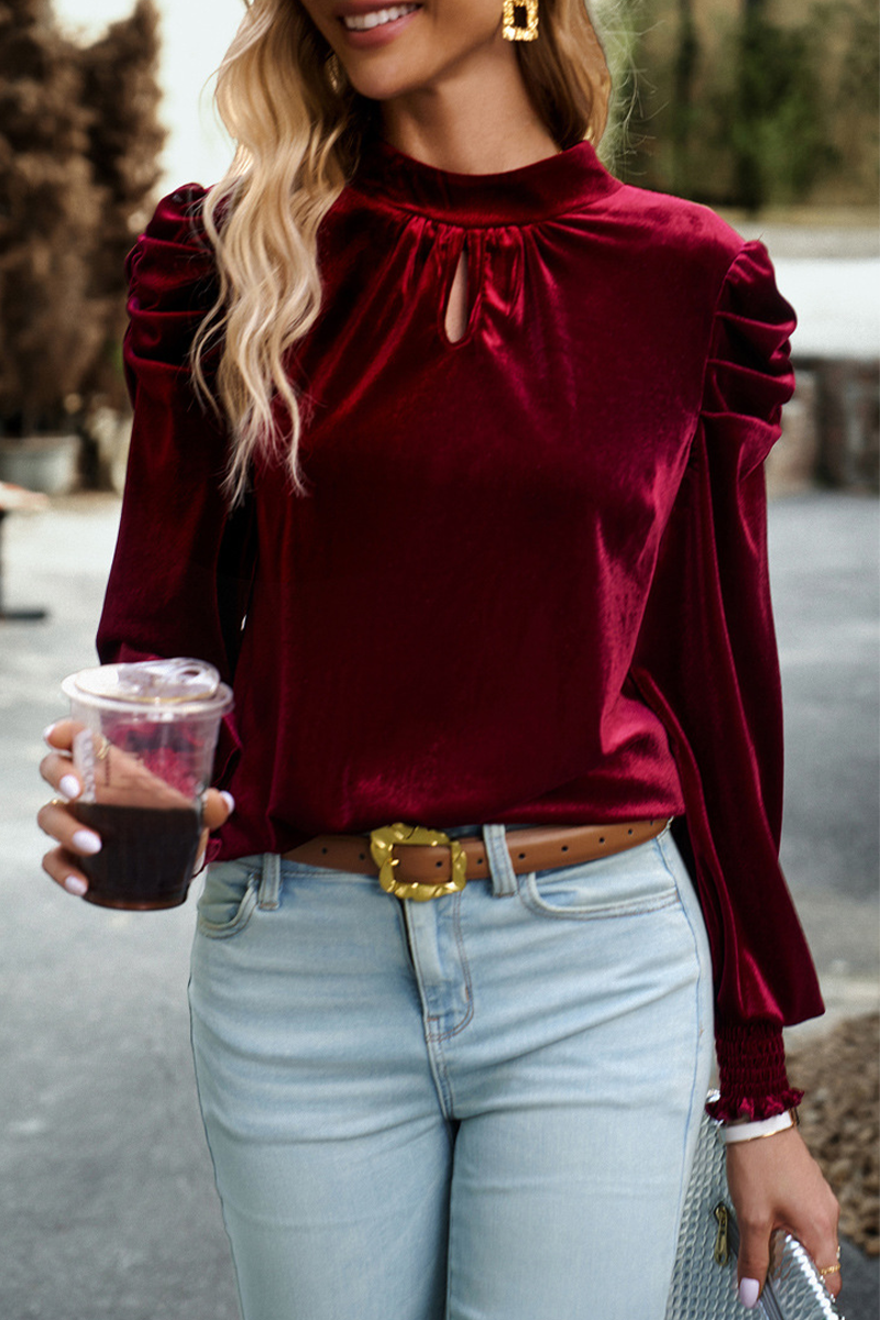 Elegant Solid Fold Half A Turtleneck Tops Burgundy