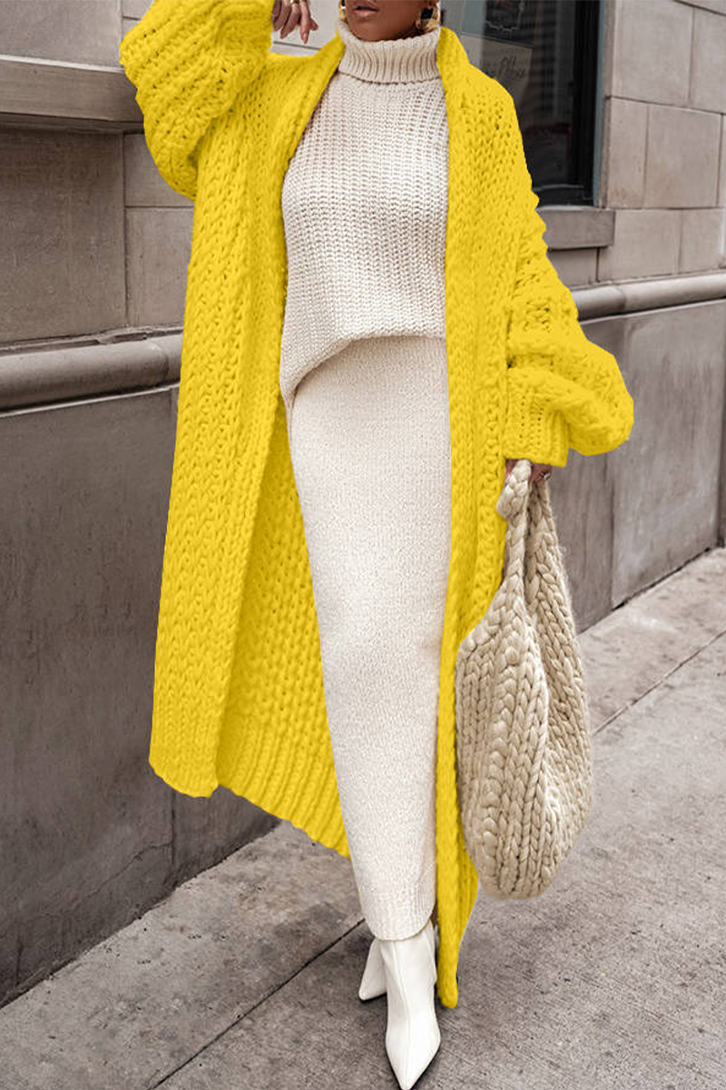 Casual Solid Weave Cardigan Collar Outerwear Yellow