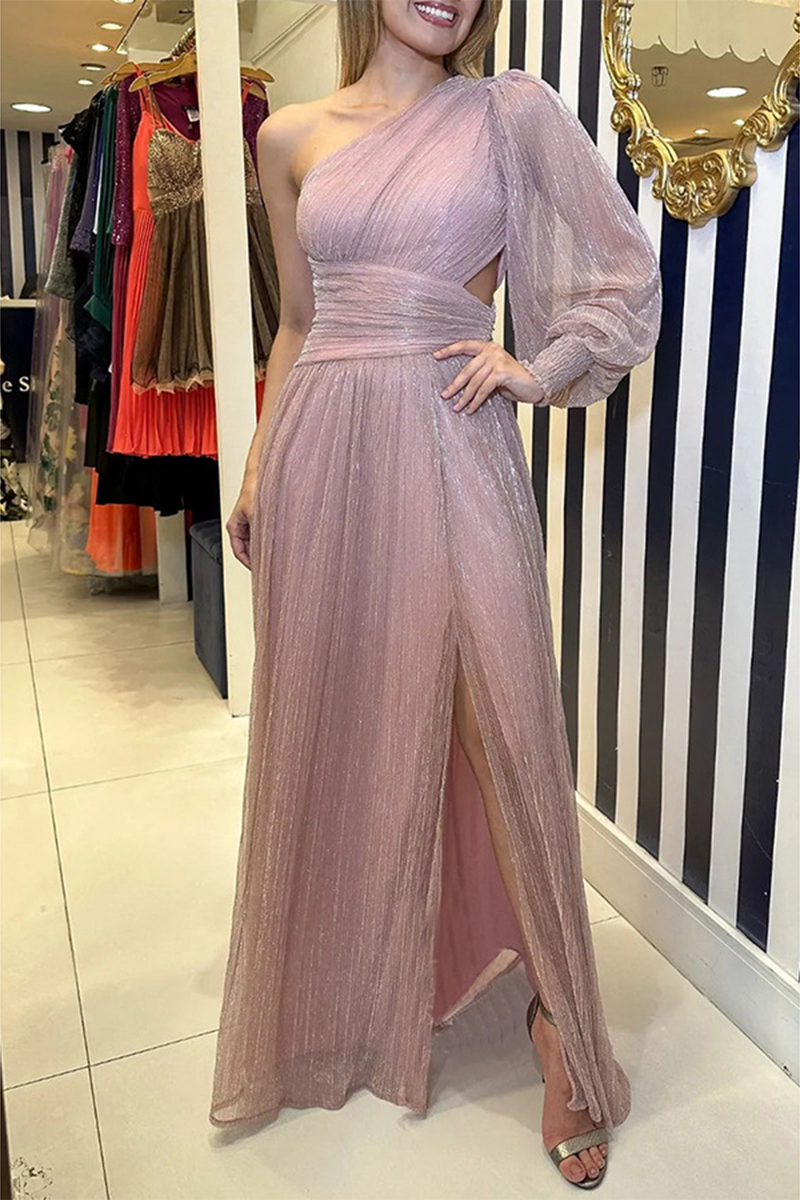 Elegant Solid Slit Sequined Oblique Collar Evening Dress Dresses Pink