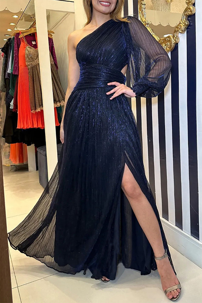 Elegant Solid Slit Sequined Oblique Collar Evening Dress Dresses Deep Blue