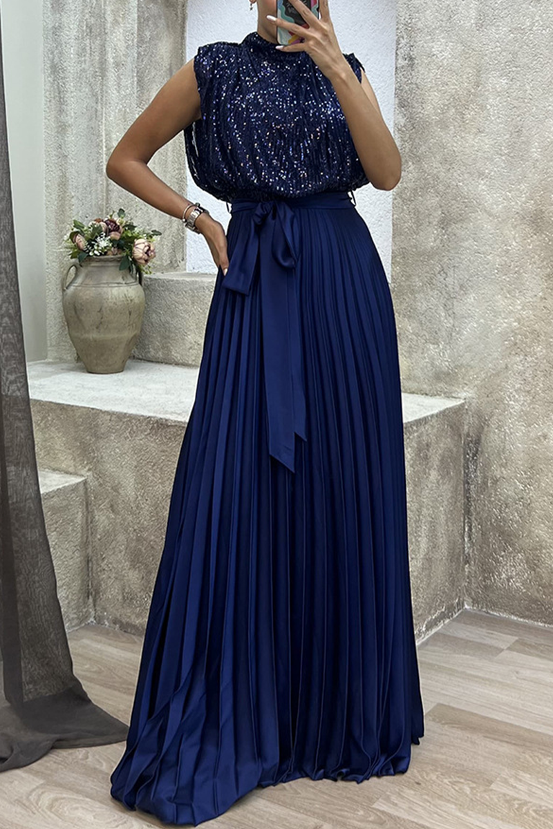 Elegant Solid Sequins Frenulum Fold Half A Turtleneck Evening Dress Dresses