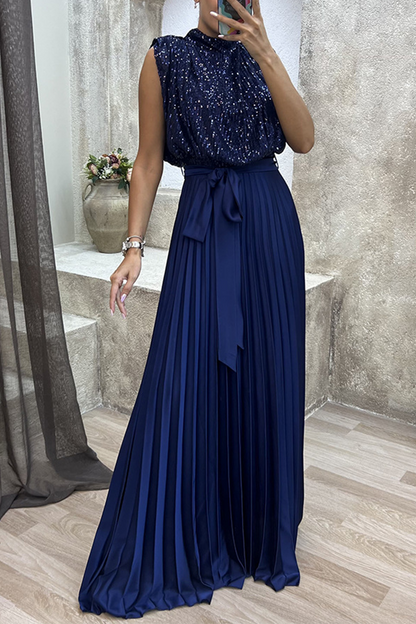 Elegant Solid Sequins Frenulum Fold Half A Turtleneck Evening Dress Dresses Deep Blue