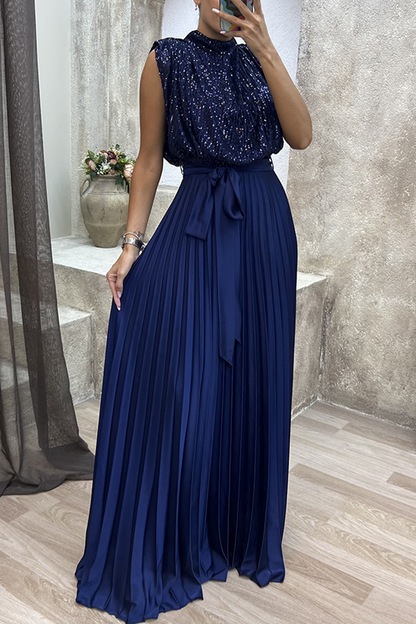 Elegant Solid Sequins Frenulum Fold Half A Turtleneck Evening Dress Dresses