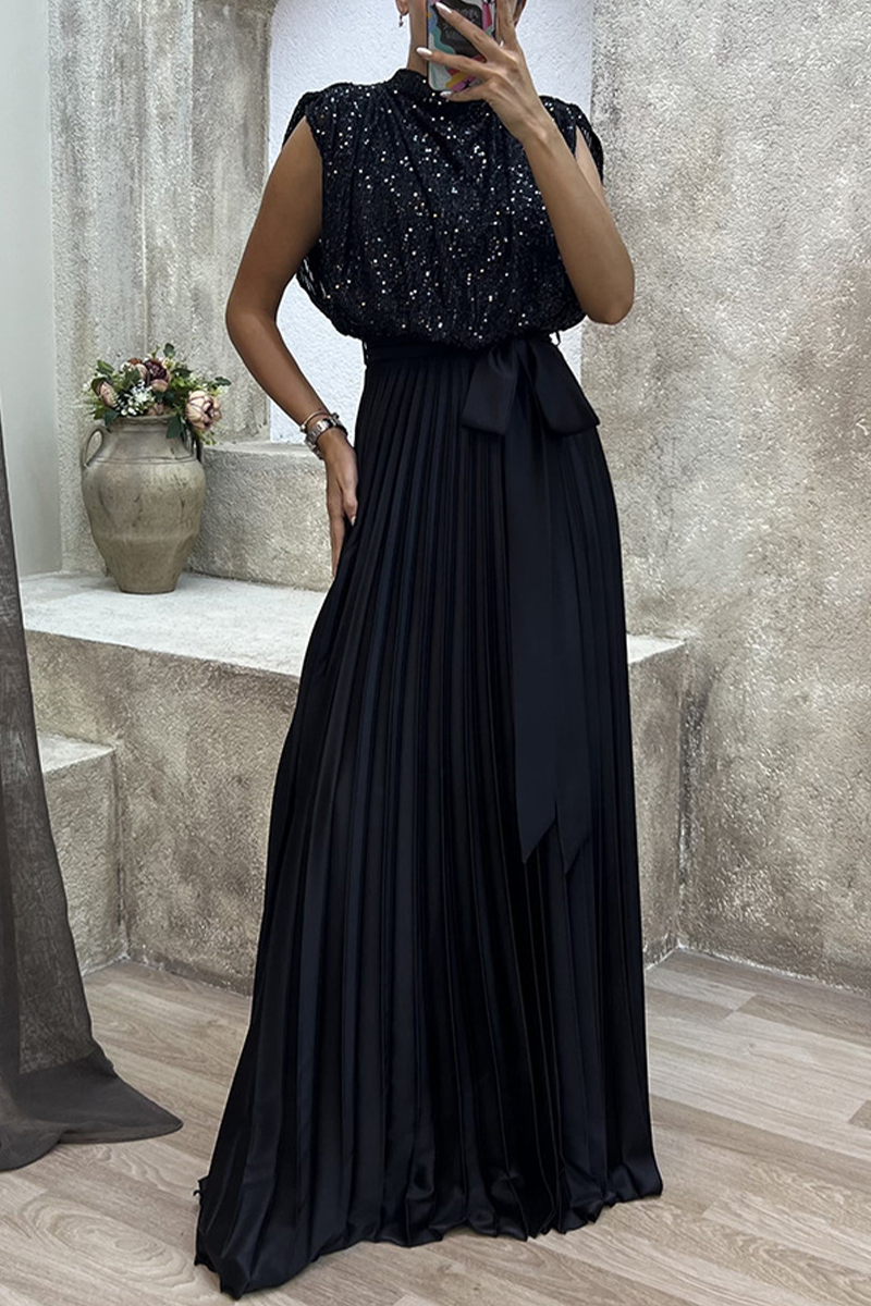 Elegant Solid Sequins Frenulum Fold Half A Turtleneck Evening Dress Dresses