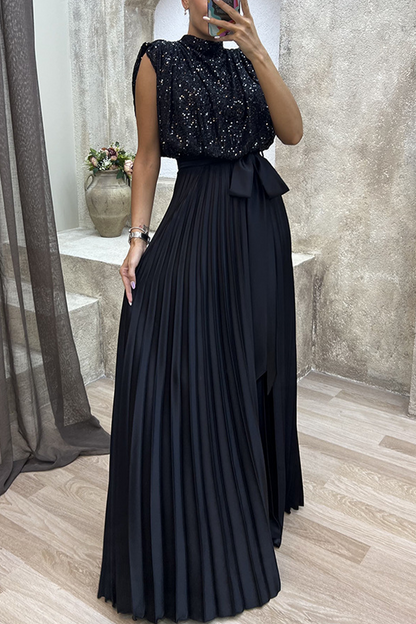 Elegant Solid Sequins Frenulum Fold Half A Turtleneck Evening Dress Dresses Black