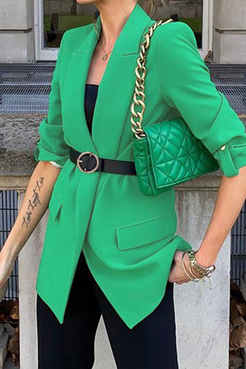 British Style Elegant Solid With Belt Turn-back Collar Outerwear Green