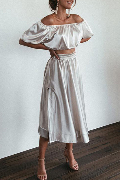 Elegant Solid Pocket Slit Off the Shoulder Short Sleeve Two Pieces