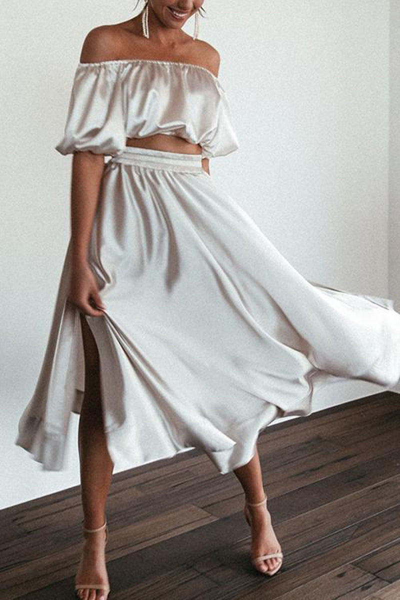 Elegant Solid Pocket Slit Off the Shoulder Short Sleeve Two Pieces