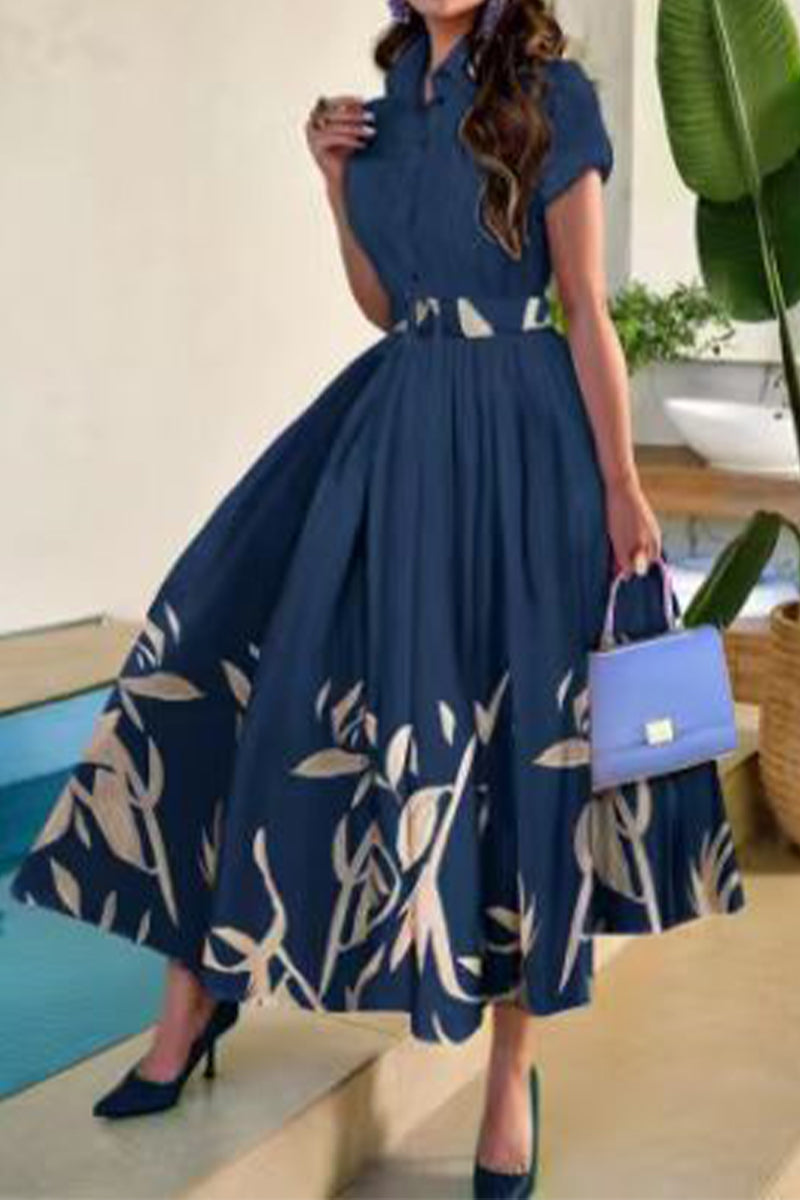 Celebrities Elegant Floral With Belt Turndown Collar Printed Dress Short Sleeve Dress Tibetan Blue