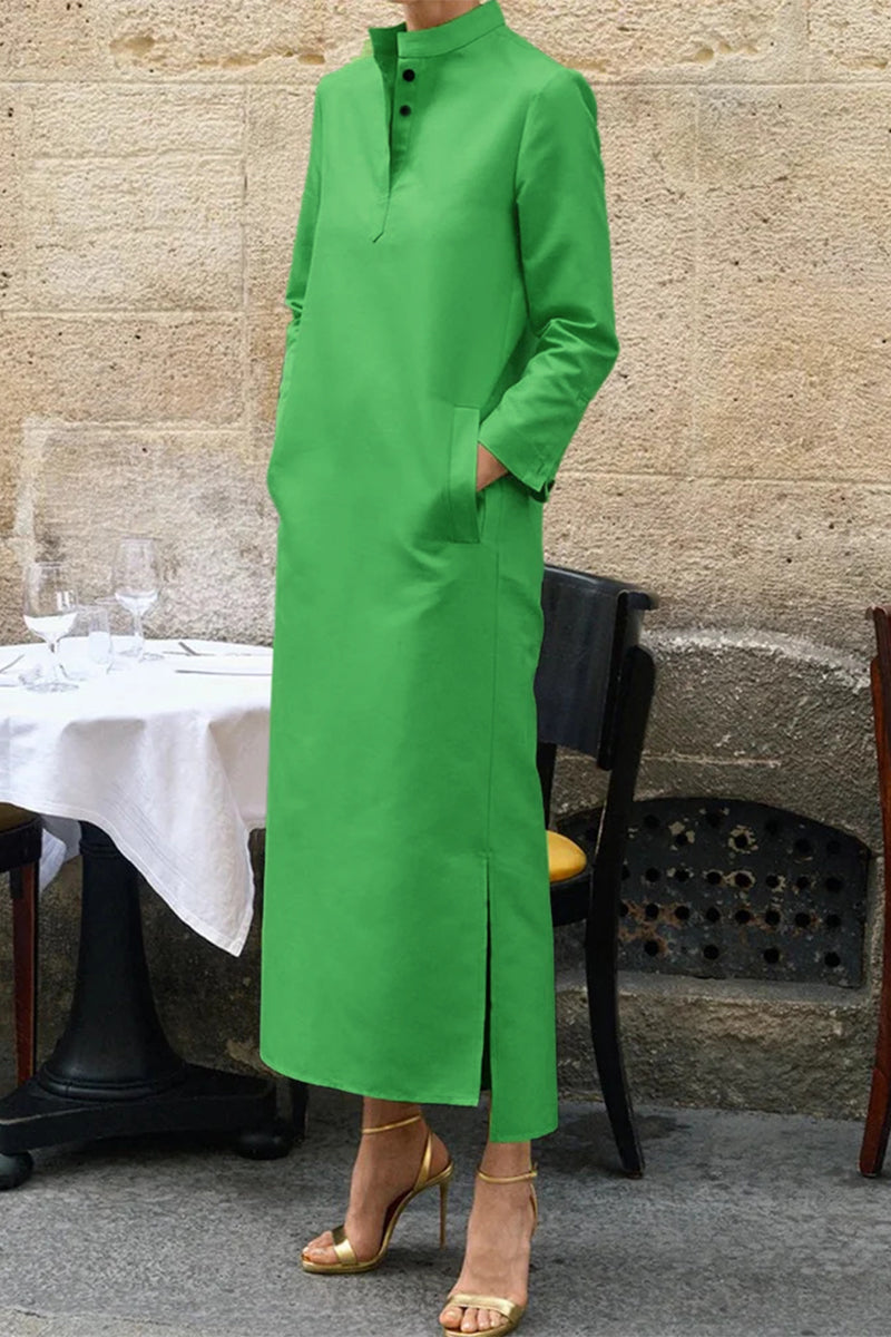 Casual Solid Pocket Mandarin Collar Long Sleeve Dresses(3 Colors) Green