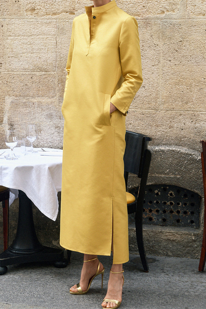 Casual Solid Pocket Mandarin Collar Long Sleeve Dresses(3 Colors) Yellow