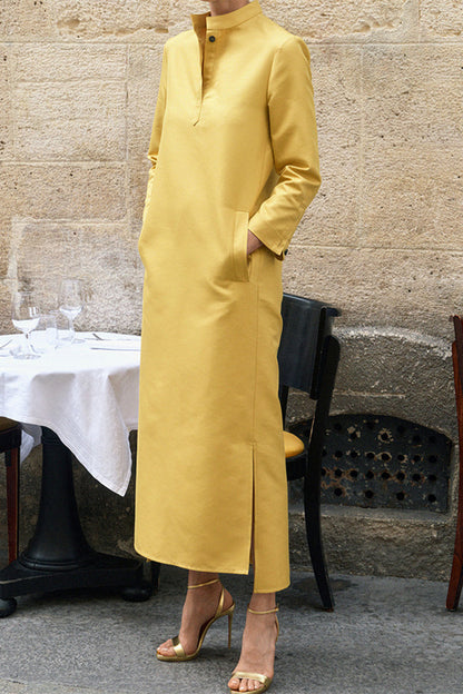 Casual Solid Pocket Mandarin Collar Long Sleeve Dresses(3 Colors) Yellow