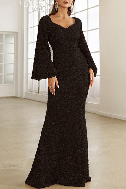 Elegant Formal Solid Sequins V Neck Evening Dress Dresses Black