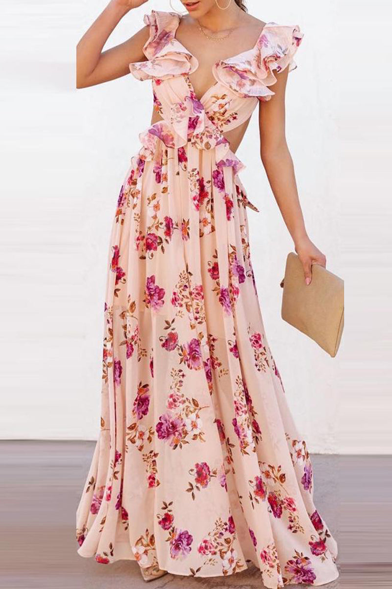 Sexy Floral Backless Flounce V Neck Printed Dress Dresses Pink