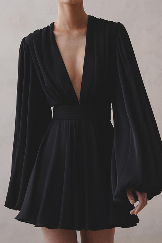 Sexy Solid Fold V Neck A Line Dresses Black