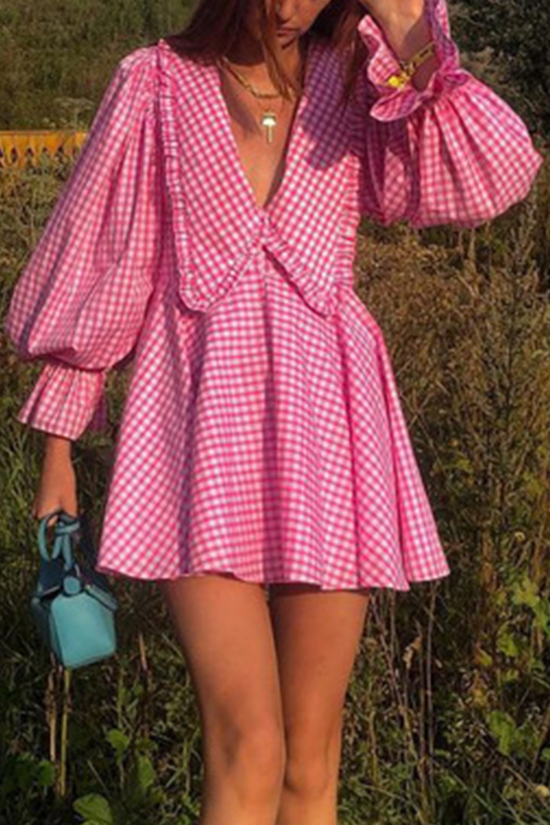 Sweet Cute Plaid Zipper Peter Pan Collar A Line Dresses Pink