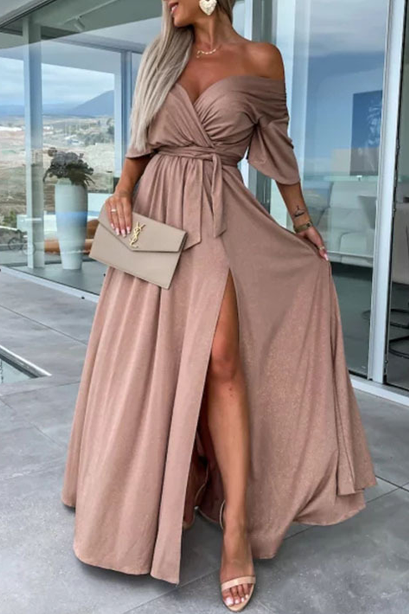 Elegant Solid Slit V Neck A Line Dresses Khaki