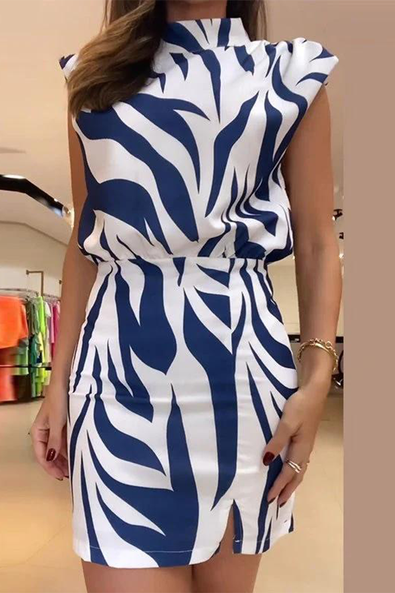 Elegant Geometric Print Backless Half A Turtleneck Wrapped Skirt Dresses Blue