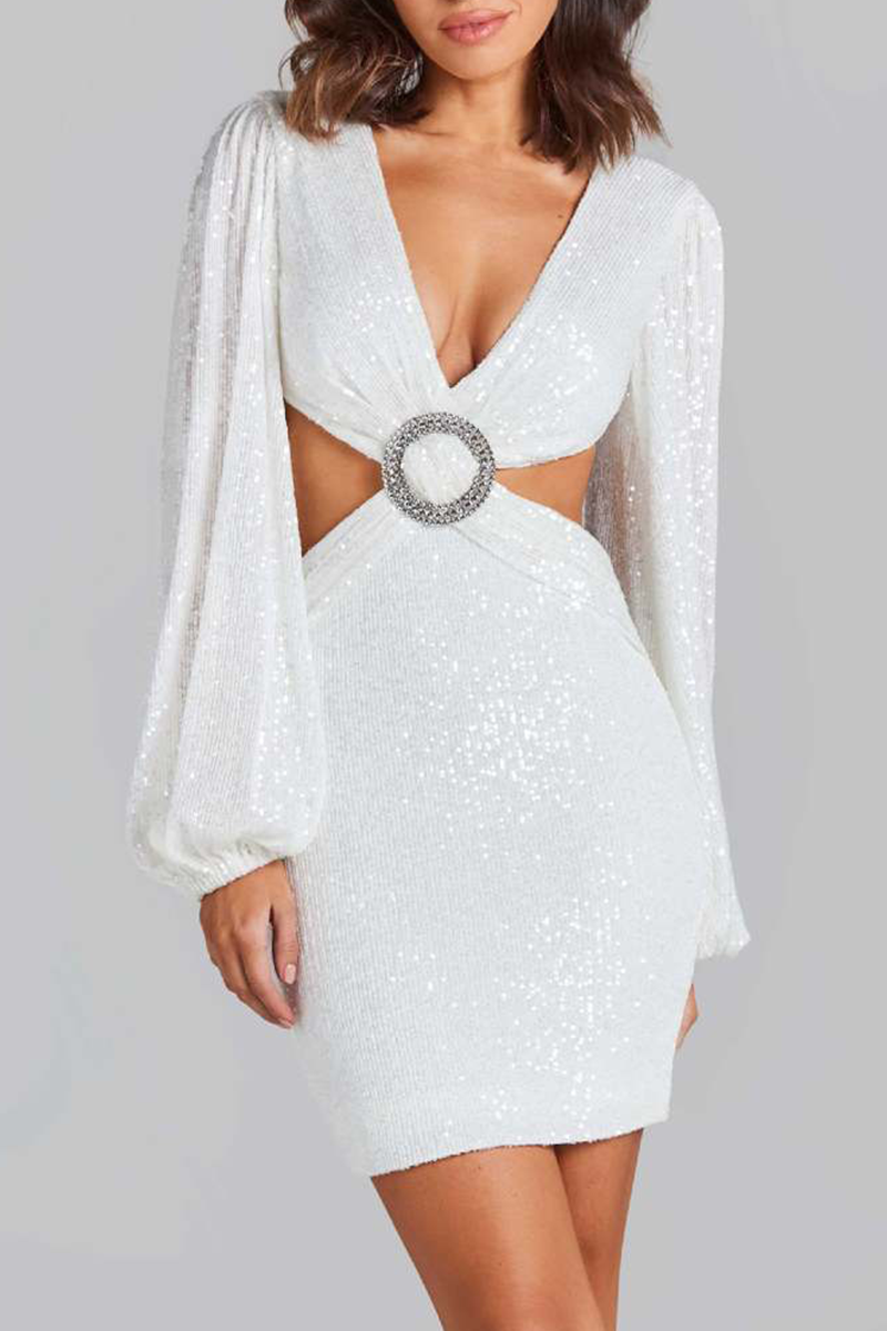 Sexy Solid Sequins Sequined V Neck Wrapped Skirt Dresses White