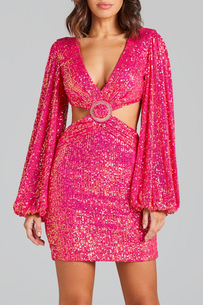 Sexy Solid Sequins Sequined V Neck Wrapped Skirt Dresses Pink