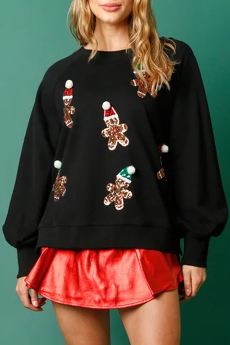 Casual Sweet Santa Claus Sequins Patch O Neck Tops Black