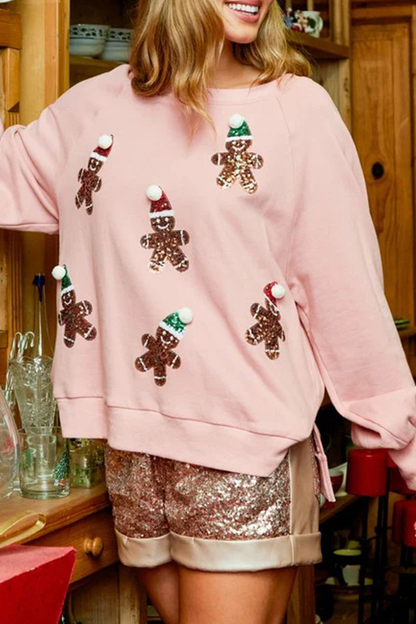 Casual Sweet Santa Claus Sequins Patch O Neck Tops Pink