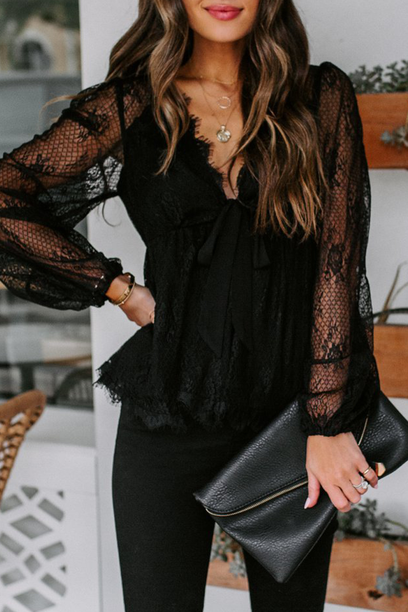 Elegant Solid Lace With Bow V Neck Tops Black