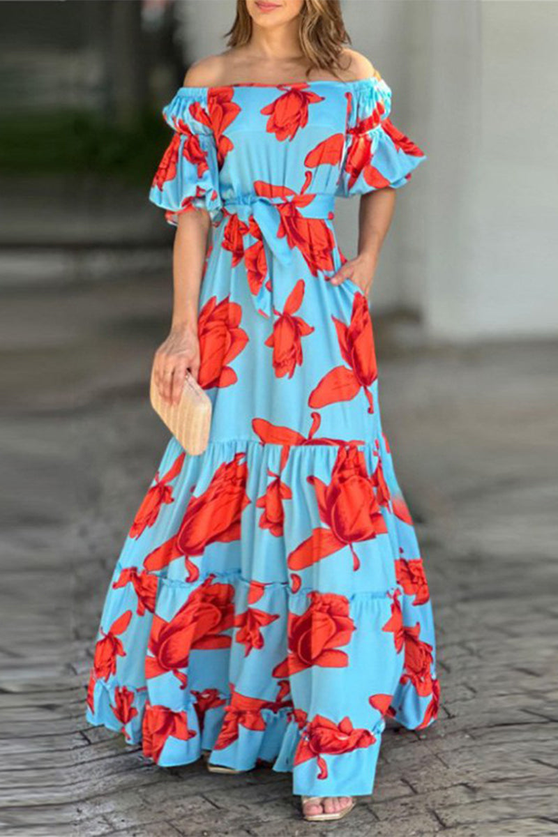 Street Elegant Floral Fold Off the Shoulder Printed Dress Dresses Blue