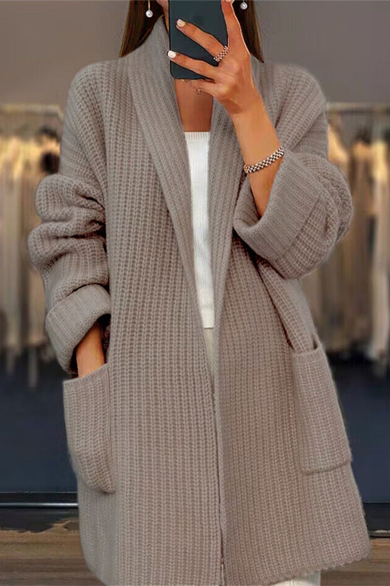 Casual Simplicity Solid Pocket Weave Cardigan Collar Outerwear Camel