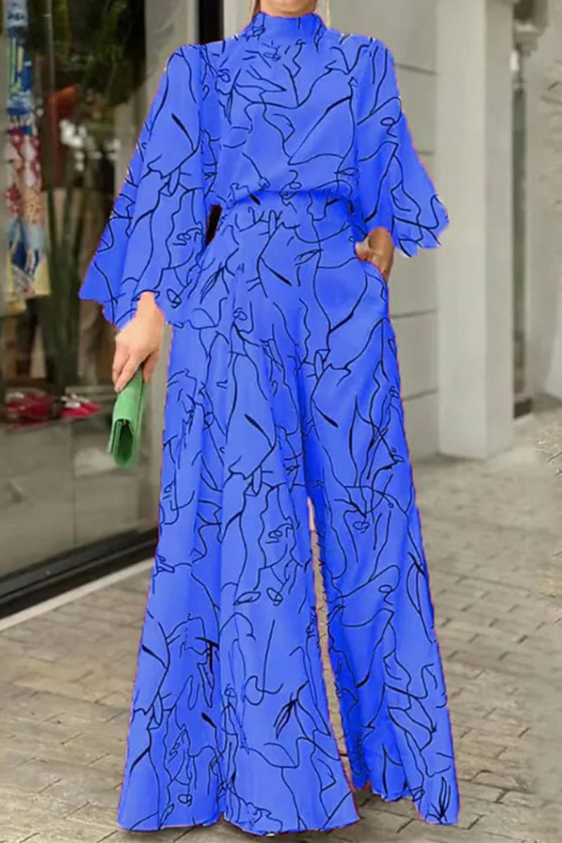 Casual Print Patchwork Half A Turtleneck Regular Jumpsuits Blue