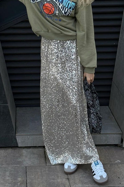 Sexy Solid Sequins Sequined Loose High Waist Straight Solid Color Bottoms Silver