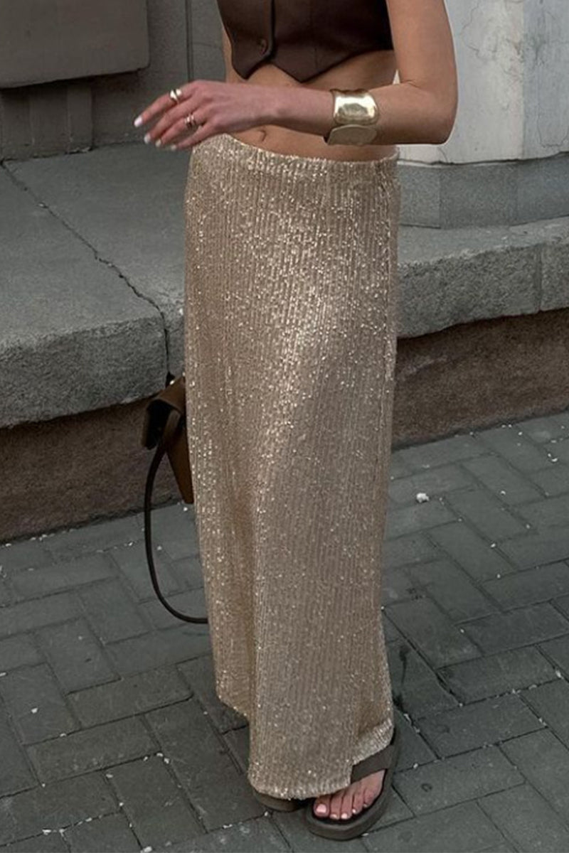 Sexy Solid Sequins Sequined Loose High Waist Straight Solid Color Bottoms Gold