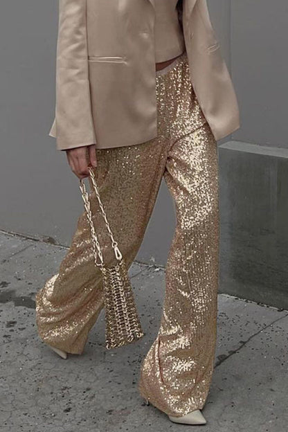 Casual Solid Sequins Loose Straight Solid Color Bottoms Gold