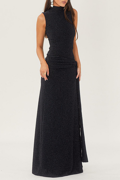 Elegant Solid Sequins Sequined Half A Turtleneck Sleeveless Dress Dresses