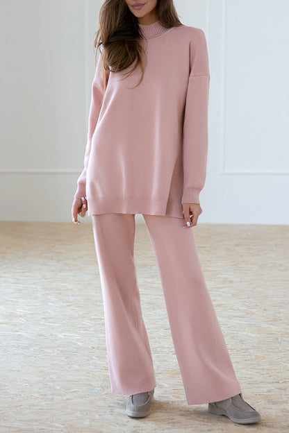 Casual Simplicity Solid Slit Half A Turtleneck Long Sleeve Two Pieces(4 Colors) Pink