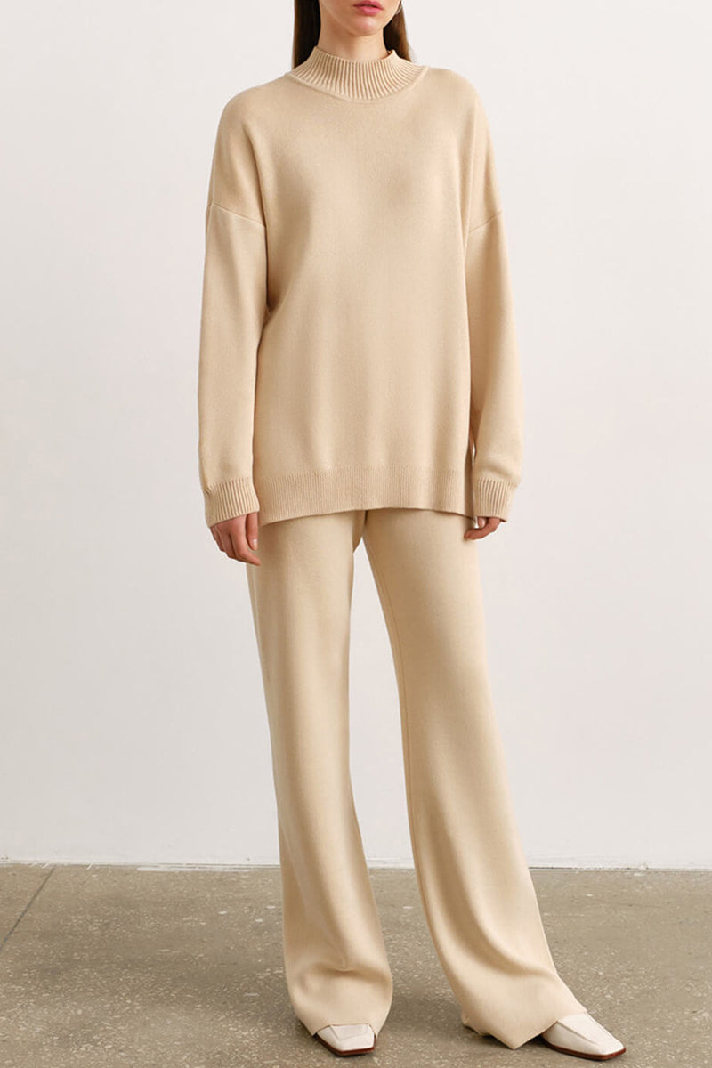 Casual Simplicity Solid Slit Half A Turtleneck Long Sleeve Two Pieces(4 Colors) Apricot