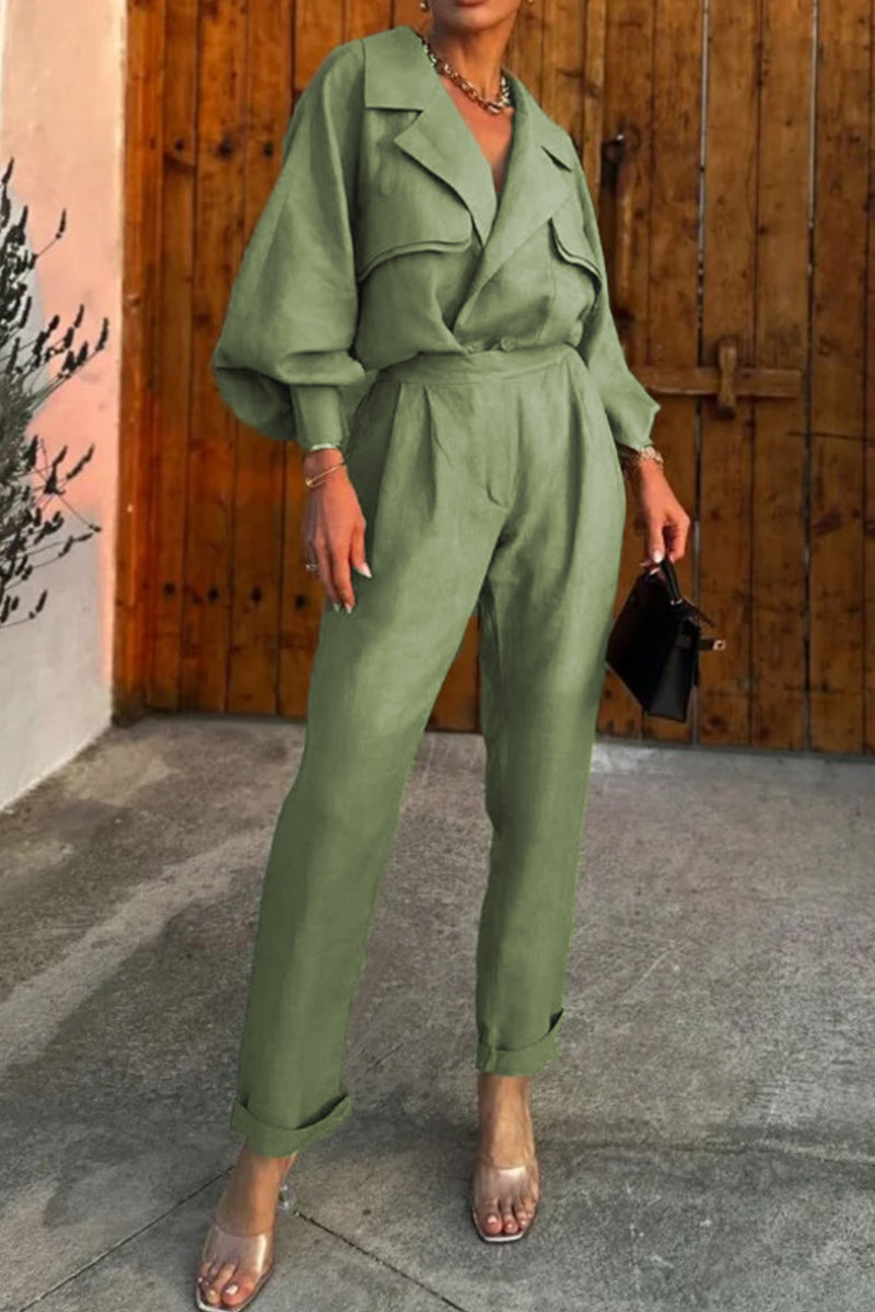 Casual Solid Patchwork Turndown Collar Long Sleeve Two Pieces Army Green