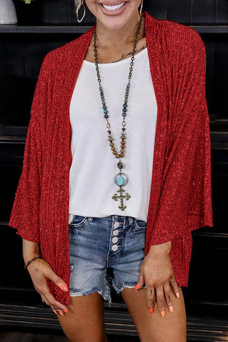 Casual Solid Sequins Patchwork Cardigan Collar Outerwear Red