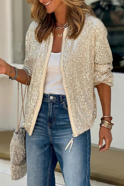 Casual Solid Sequins O Neck Outerwear Silver