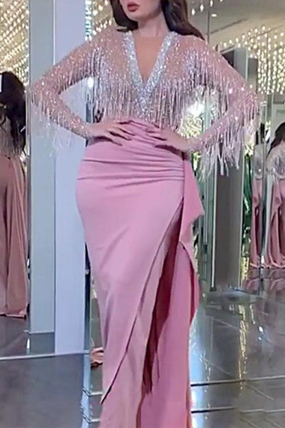 Sexy Elegant Bronzing Tassel V Neck Evening Dress Dresses Pink