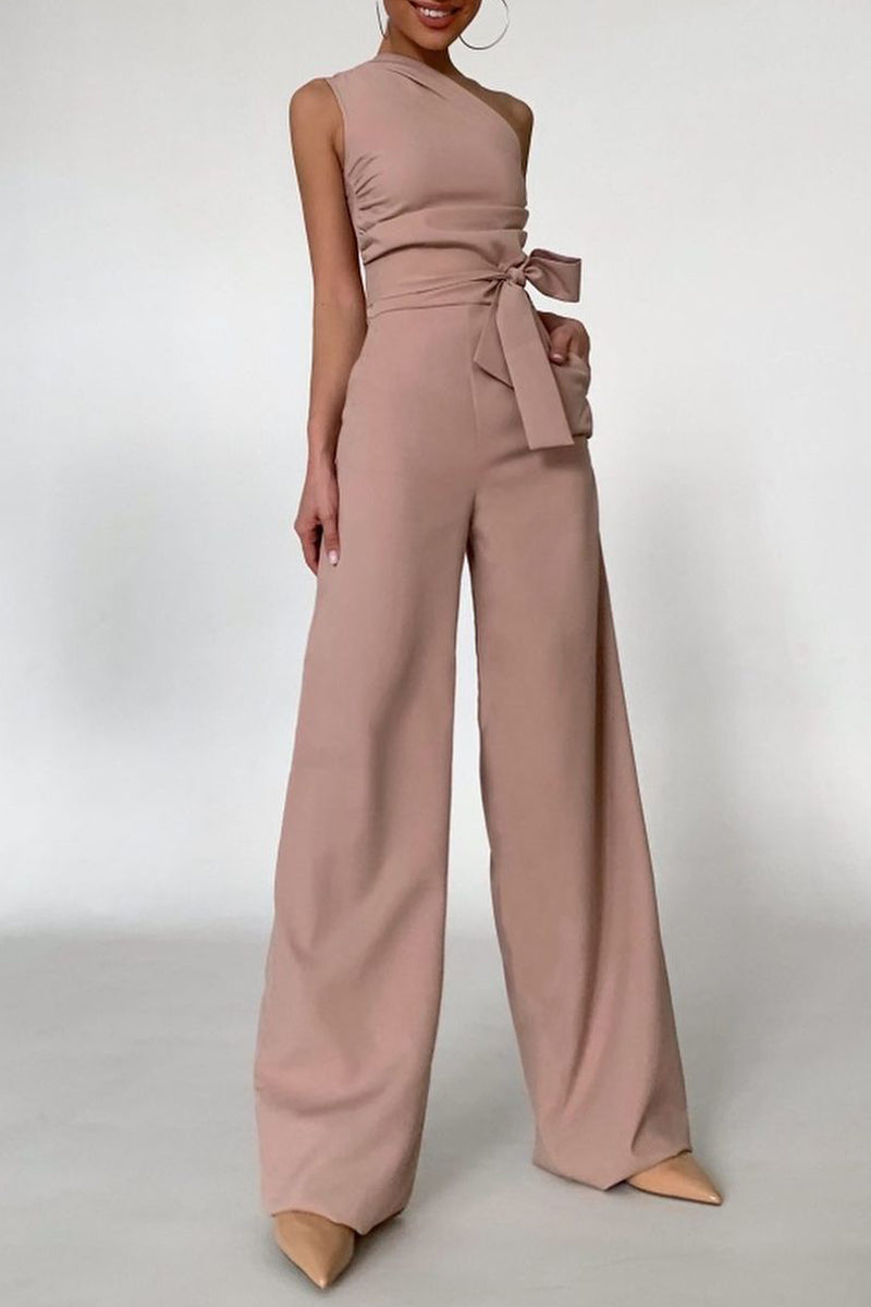 Elegant Solid Frenulum Oblique Collar Straight Jumpsuits(No Belt) Pink